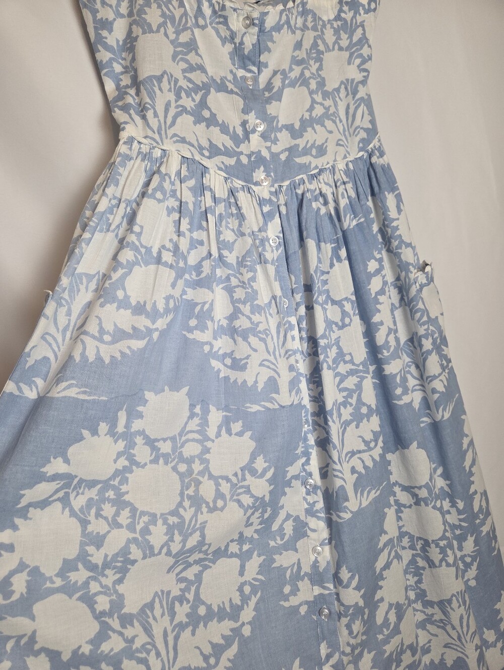 Blue And White Floral Tie Shoulder Cotton Dress - Picture 3 of 14